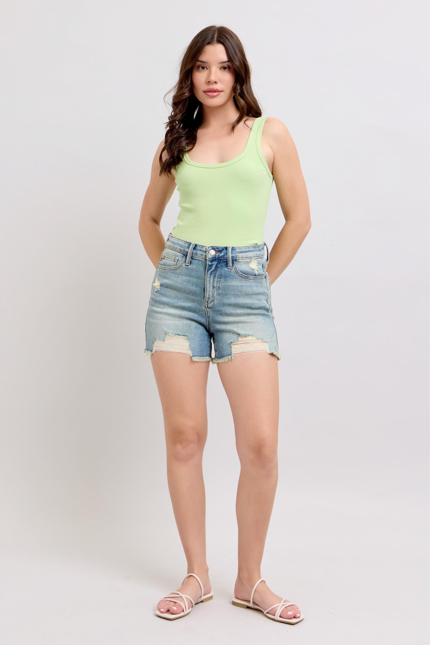 Judy Blues HW Vintage Wash Fly Stitch Detail & Destroy Shorts