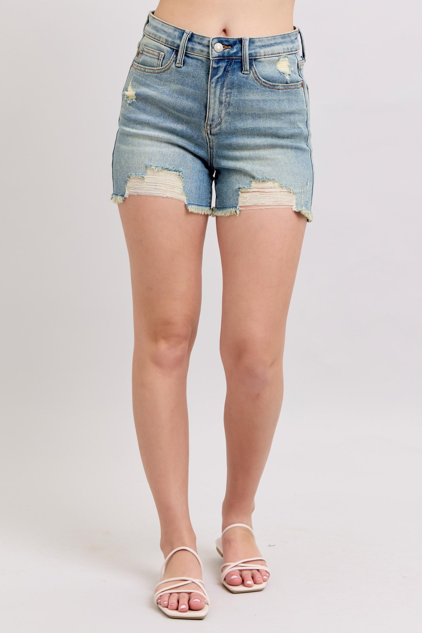 Judy Blues HW Vintage Wash Fly Stitch Detail & Destroy Shorts