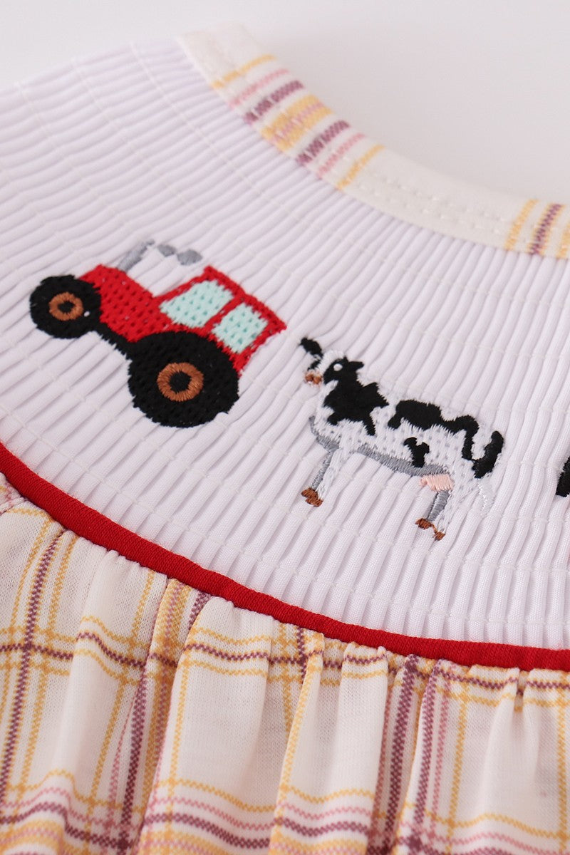 Khaki Farm Embroidery Smocked Plaid Set