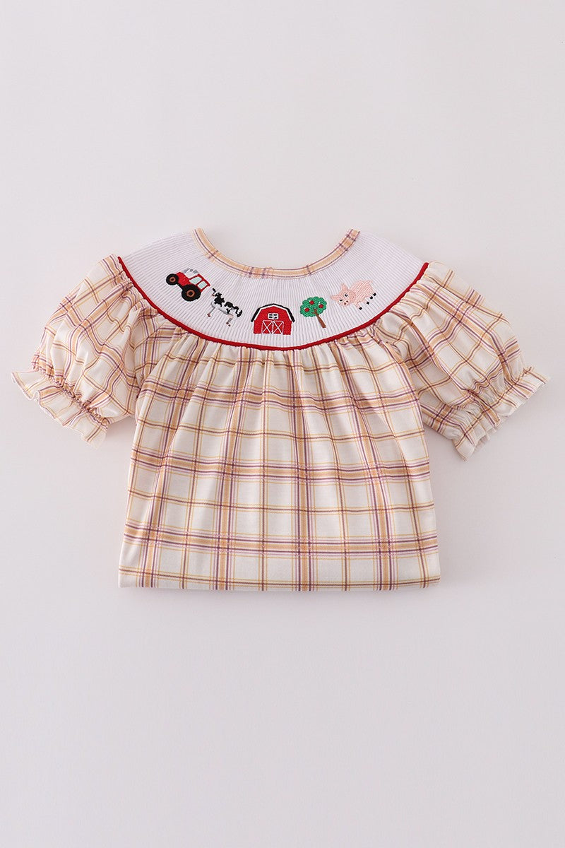 Khaki Farm Embroidery Smocked Plaid Set