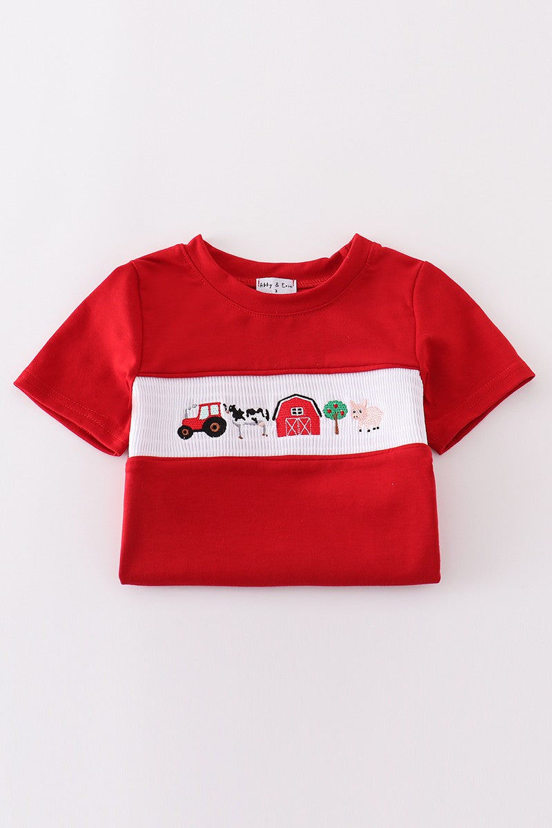 Khaki Farm Embroidery Smocked Plaid Shorts Set