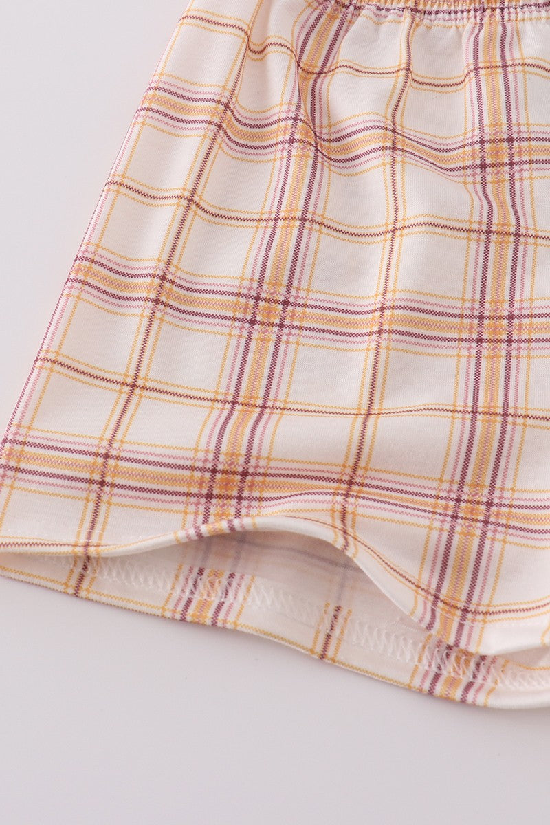 Khaki Farm Embroidery Smocked Plaid Shorts Set