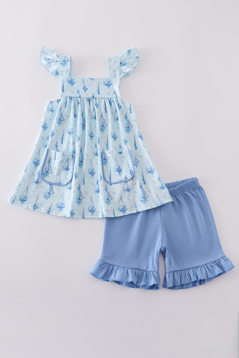 Blue Sailboat Print Girl Set