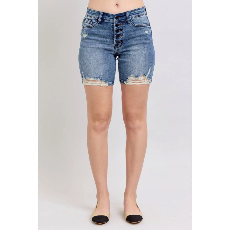 F51 Judy Blue Button Fly Mid Length Denim Shorts W/ Destroy JB