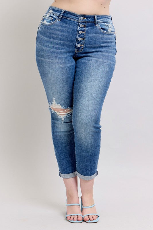 Judy Blue PluS Size| MR Button-Fly Boyfriend w/ Destroy