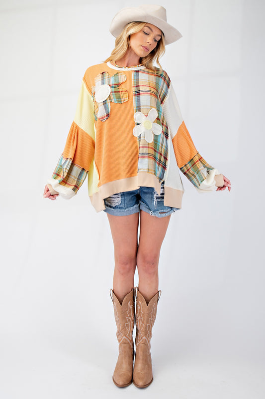 Connie (MOM) PLAID MIX DAISY PATCH OVERSIZED KNIT TOP