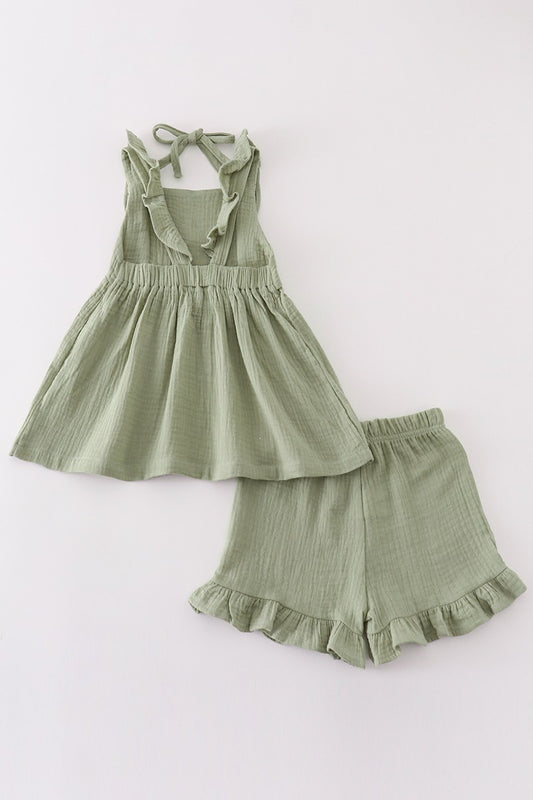 Premium Sage Muslin Ruffle Shorts Set