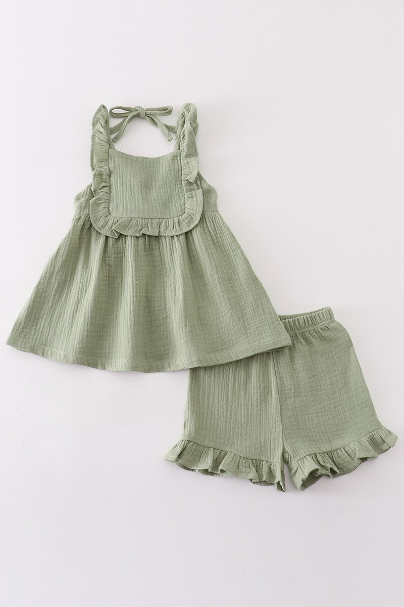 Premium Sage Muslin Ruffle Shorts Set