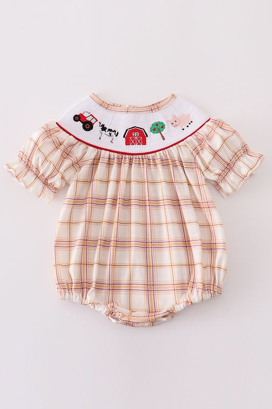 Khaki Farm Embroidery Smocked Bubble