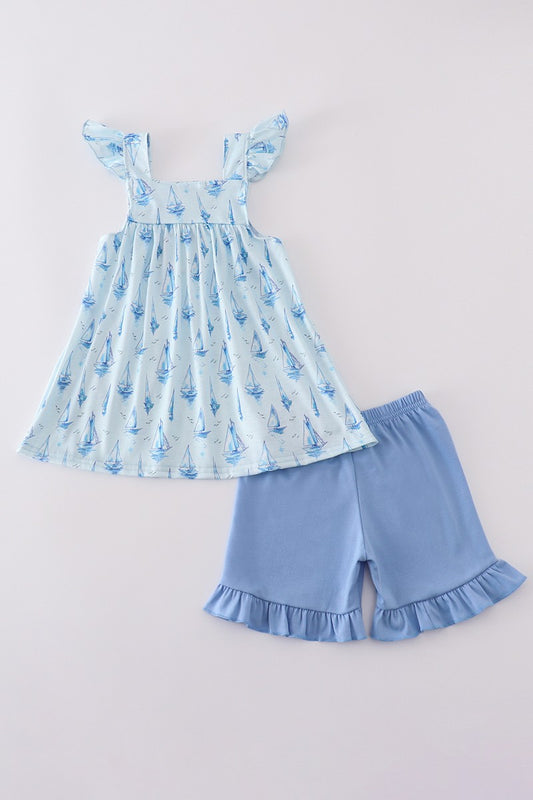 Blue Sailboat Print Girl Set