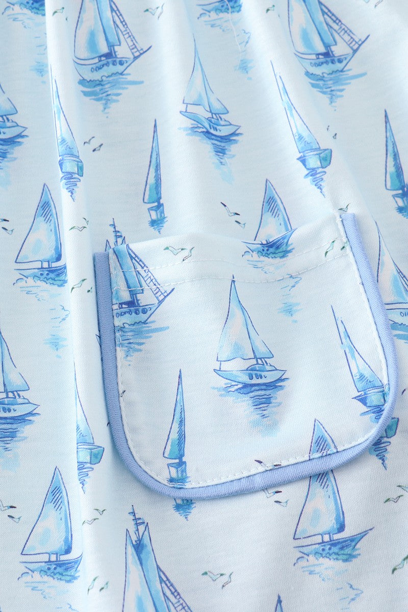 Blue Sailboat Print Girl Set