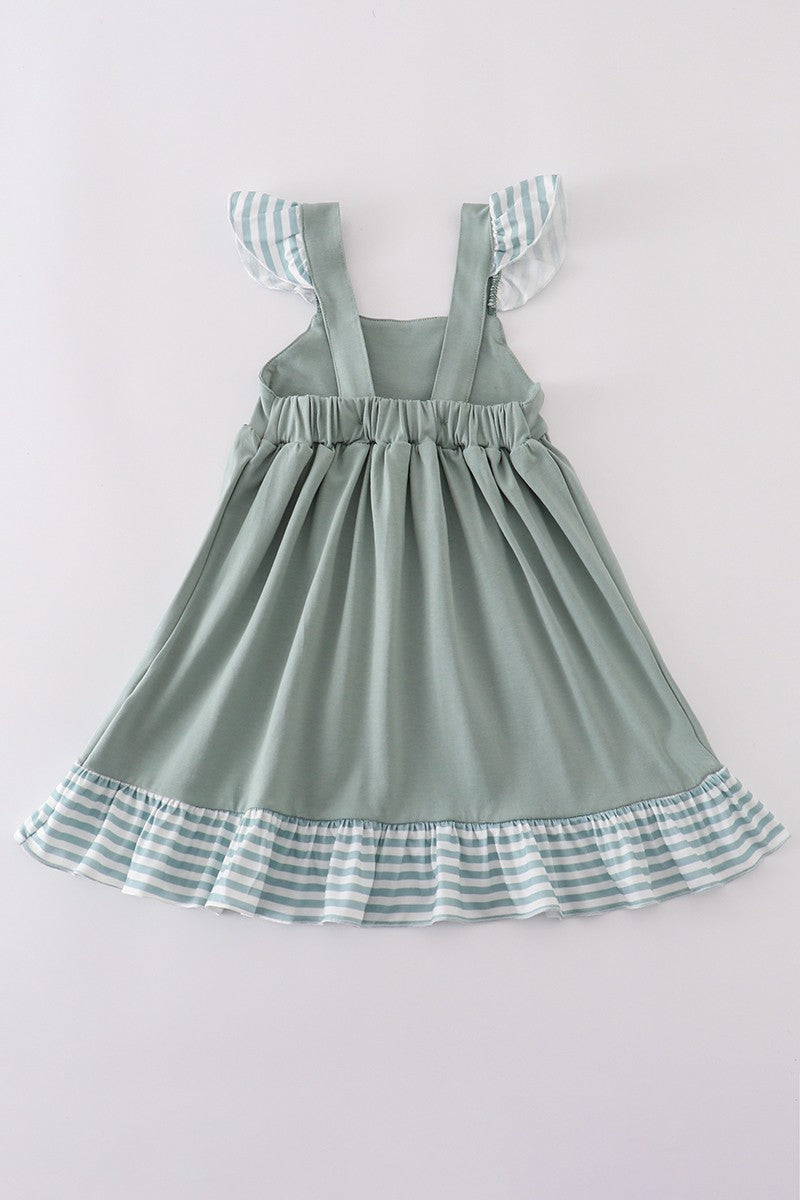 Sage Stripe Flutter Trim Ruffle Dress