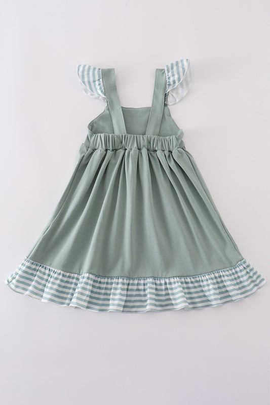 Sage Stripe Flutter Trim Ruffle Dress