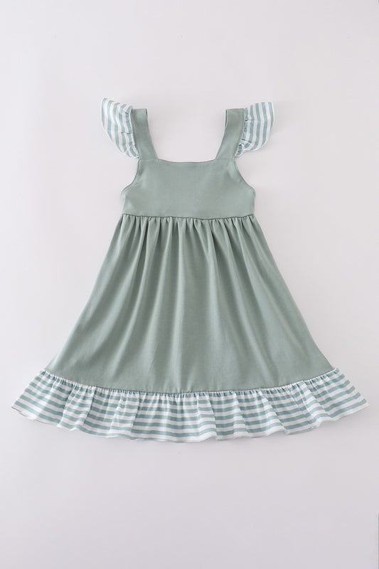 Sage Stripe Flutter Trim Ruffle Dress