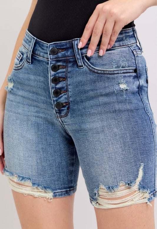 F51 Judy Blue Button Fly Mid Length Denim Shorts W/ Destroy JB