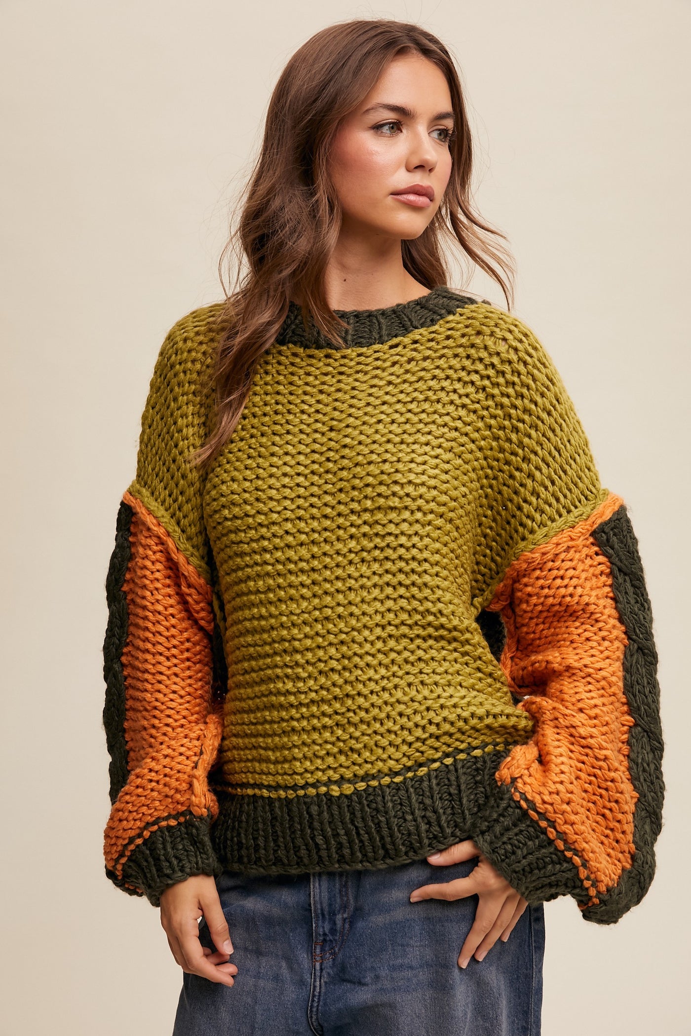 HAND-KNIT STYLE COLORBLOCK KNIT SWEATER