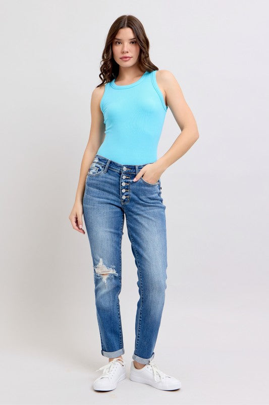 Judy Blue Regular Size| MR Button-Fly Boyfriend w/ Destroy