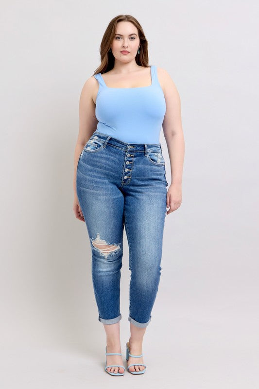 Judy Blue PluS Size| MR Button-Fly Boyfriend w/ Destroy