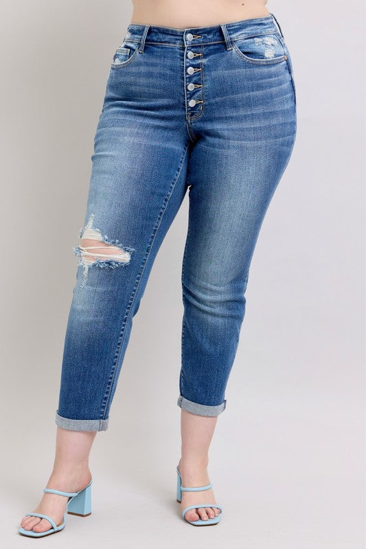 Judy Blue PluS Size| MR Button-Fly Boyfriend w/ Destroy