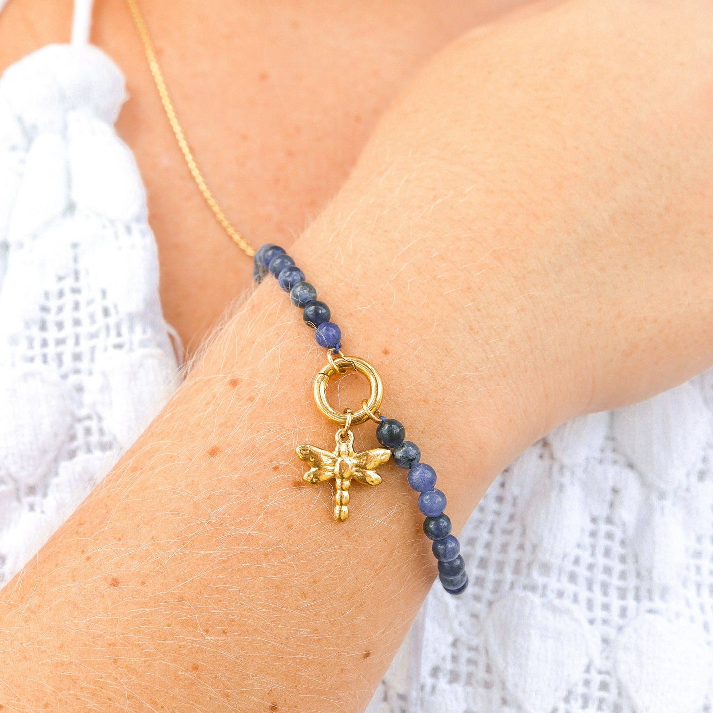 18K Gold PVD Stainless Steel Semi Precious Natural Stone Charm Keeper Bracelet