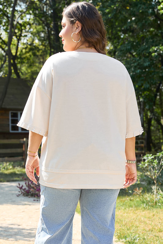 Beige Pearl Decor Crew Neck Half Sleeve Plus Size Shirt